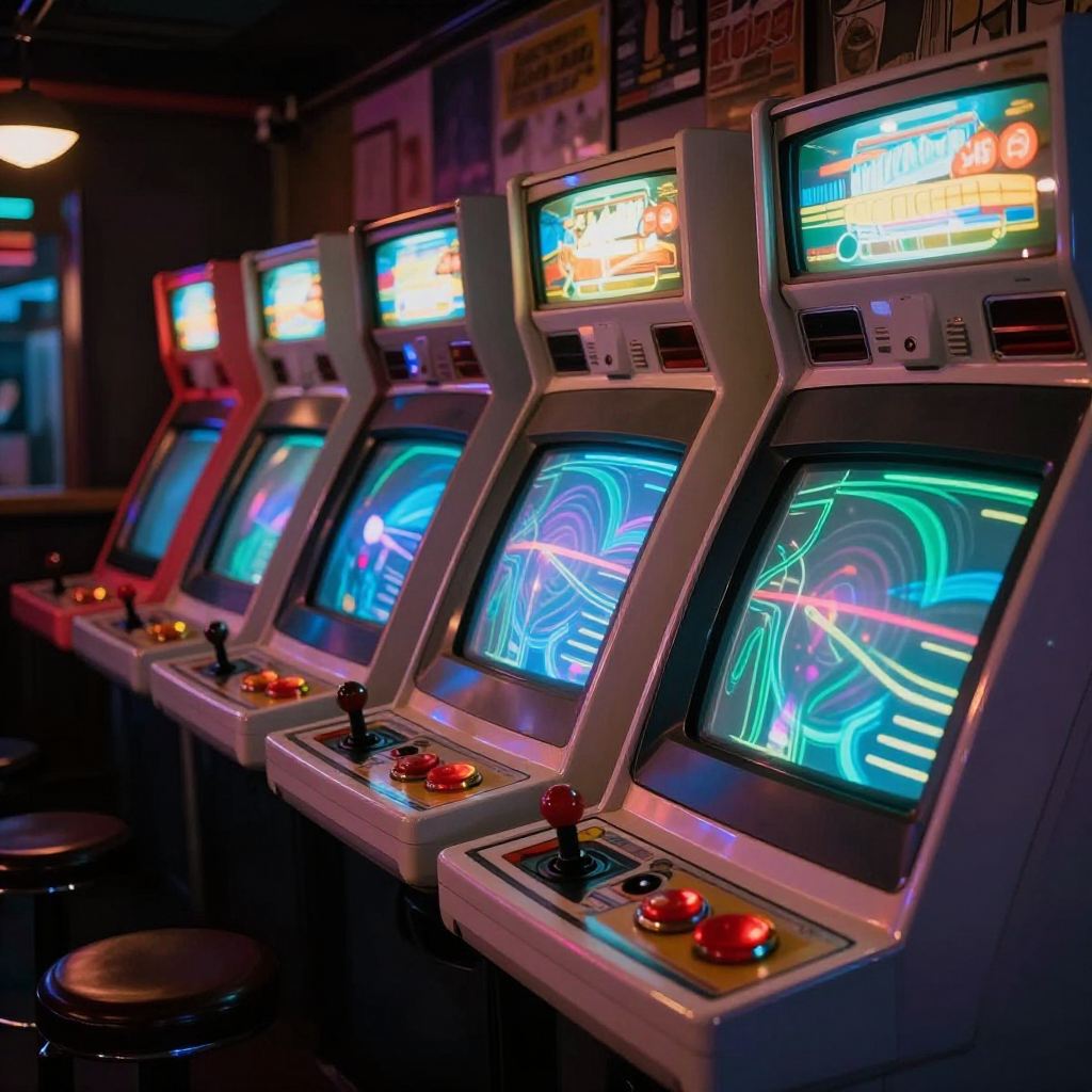 Close-up of a glowing CRT arcade screen showing bright pixel graphics