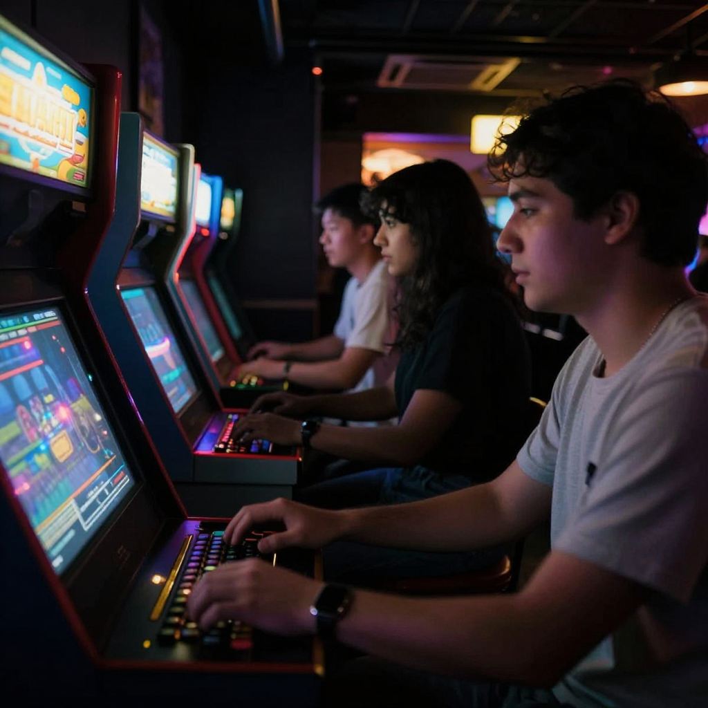 Arcade room full of guests playing cabinets under warm neon light