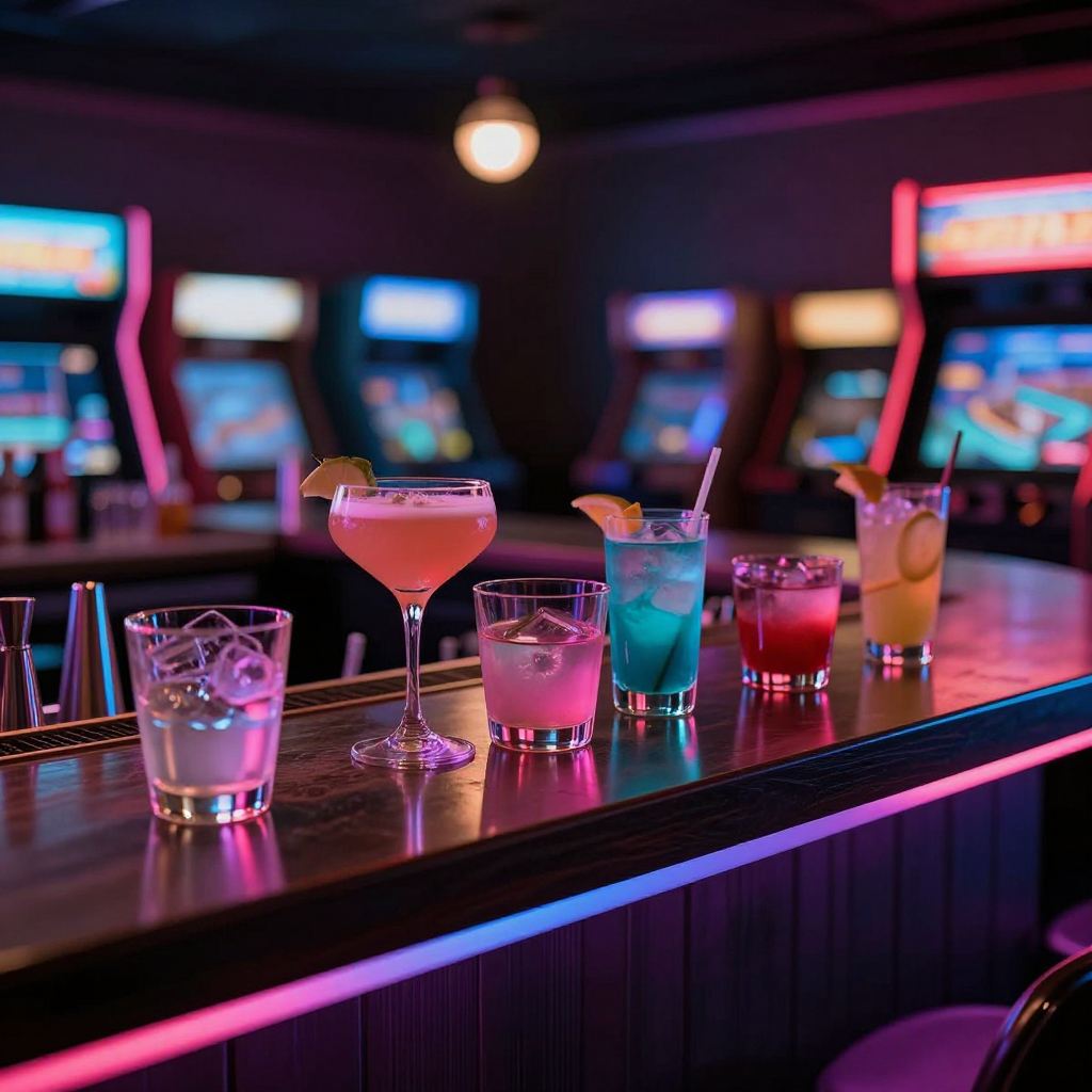 Neon-lit counter with soda taps and glowing signage